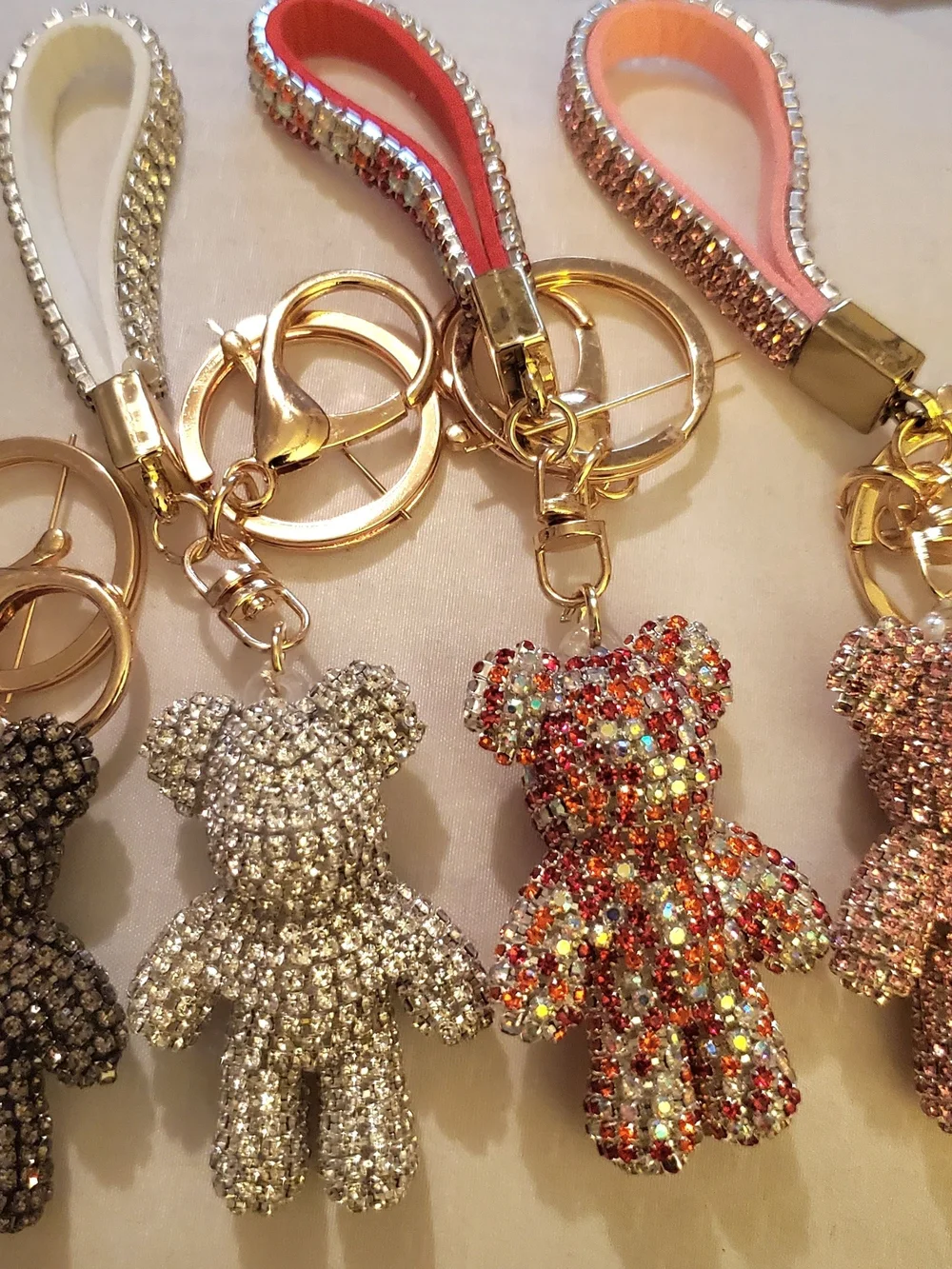 Rhinestone Teddy Bear Keychain Wristlet - Multicolor & Silver Set 4